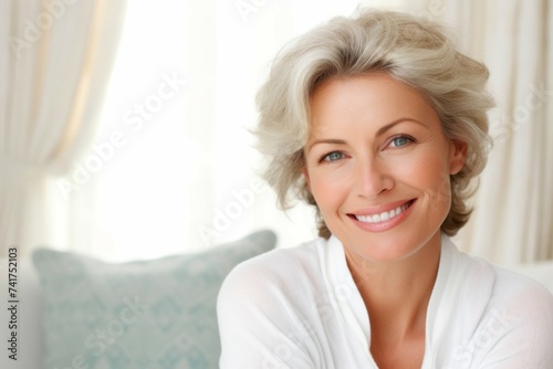 Mujer mayor sonriente con bata blanca photo