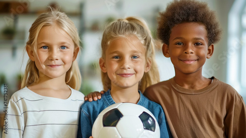 A group of school children, two small blonde girls and a dark-skinned boy with a soccer ball in his hands. The concept of physical development and sports in children. Friendship and team