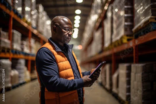 Warehouseman checking delivery on computer, warehouse management software with scanner
