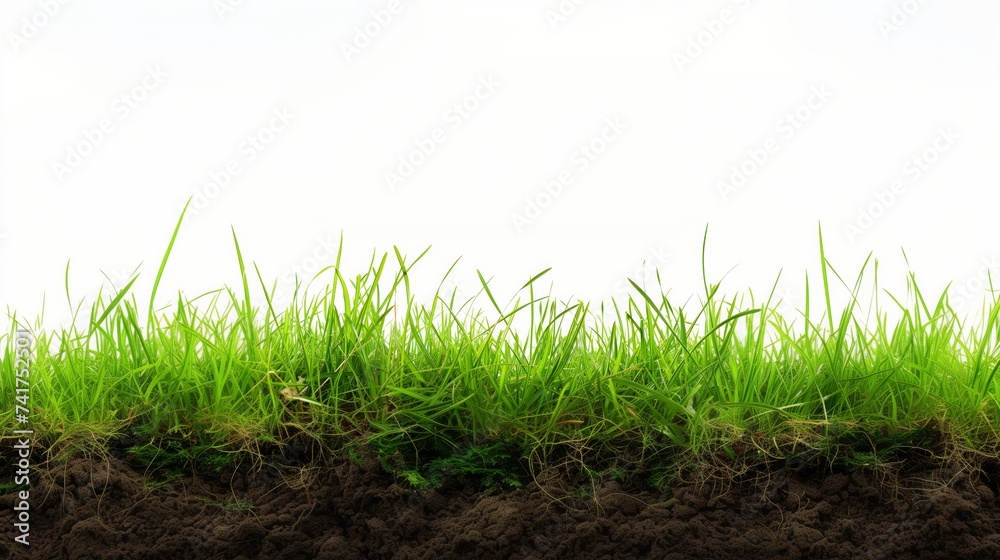 Obraz premium Lush Green Grass with Soil Cross-Section on White Background