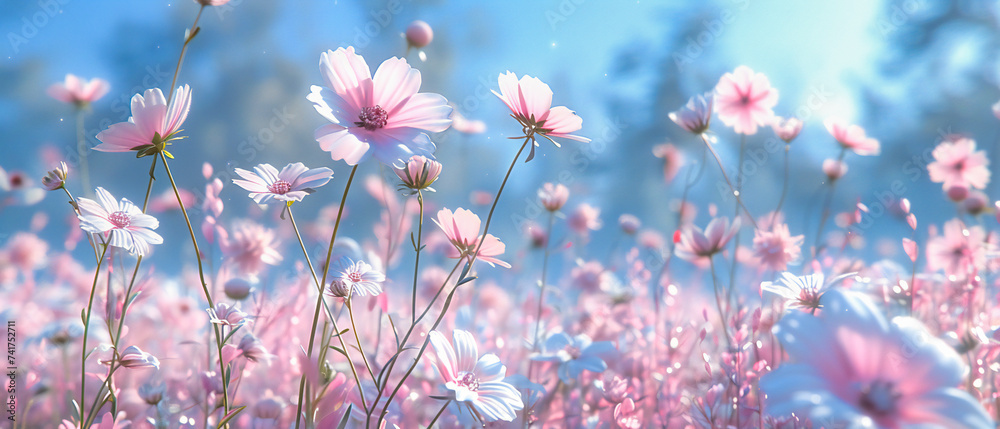 Blossoming cosmos flowers in a sunlit meadow, capturing the delicate beauty and vibrant colors of nature in bloom - obrazy, fototapety, plakaty 