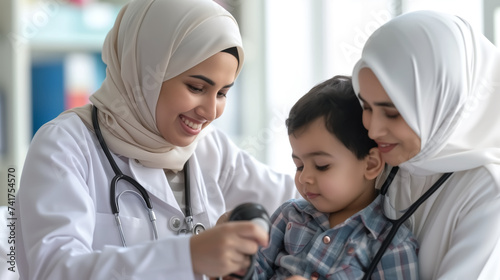 Muslim mother and her children visiting a doctor