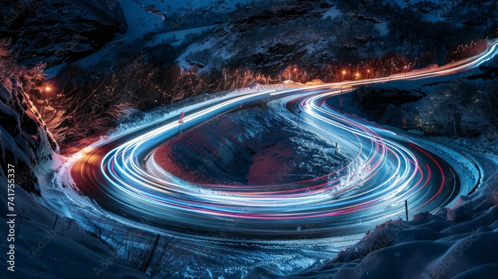 A panoramic view capturing the long exposure image of cars' light trails at night on a curved asphalt road