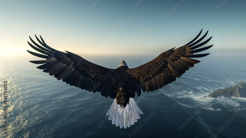 Obraz premium Third person view of bald eagle flying over an ocean.
