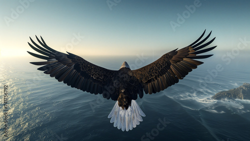 Third person view of bald eagle flying over an ocean.