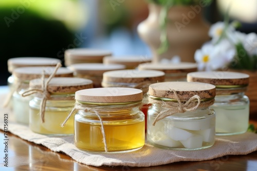 Rustic table setup of homemade honey and coconut oil jars with natural twine, promoting sustainable living © spyrakot