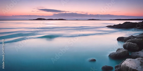 A breathtaking seascape with stones. Panorama. Generative AI.