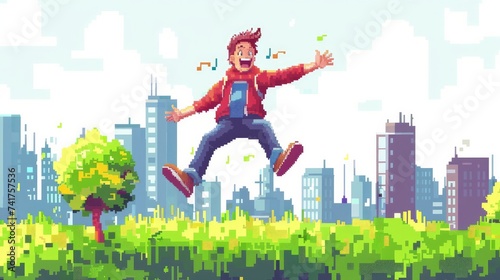 A pixel art depiction of a cheerful male character jumping photo