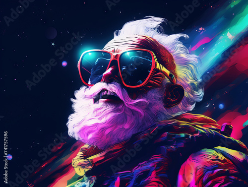 Neon flying Santa in vibrant colors