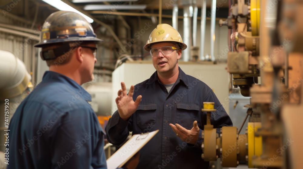 men in industrial work attire, including hard hats and reflective vests, engaged in a discussion with one man gesturing while holding a clipboard in a manufacturing plant environment. men in industrial work attire, including hard hats and reflective vests, engaged in a discussion with one man gesturing while holding a clipboard in a manufacturing plant environment.