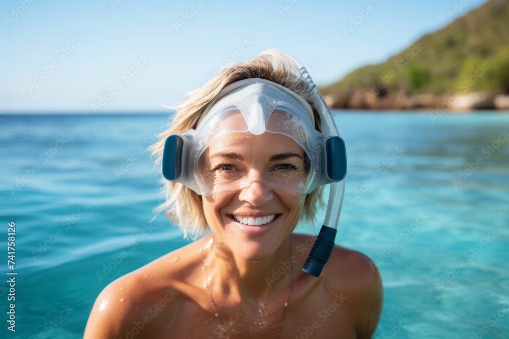 Portrait of a young woman wearing snorkeling mask in the sea