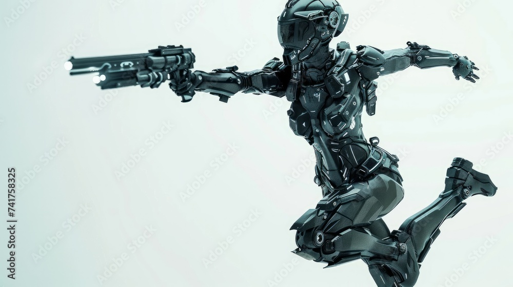 A 3D rendering on a white background depicting a science fiction cyborg male leaping and firing a gun, with a big gun in one hand. The cyborg boy is dressed in a futuristic black armor suit