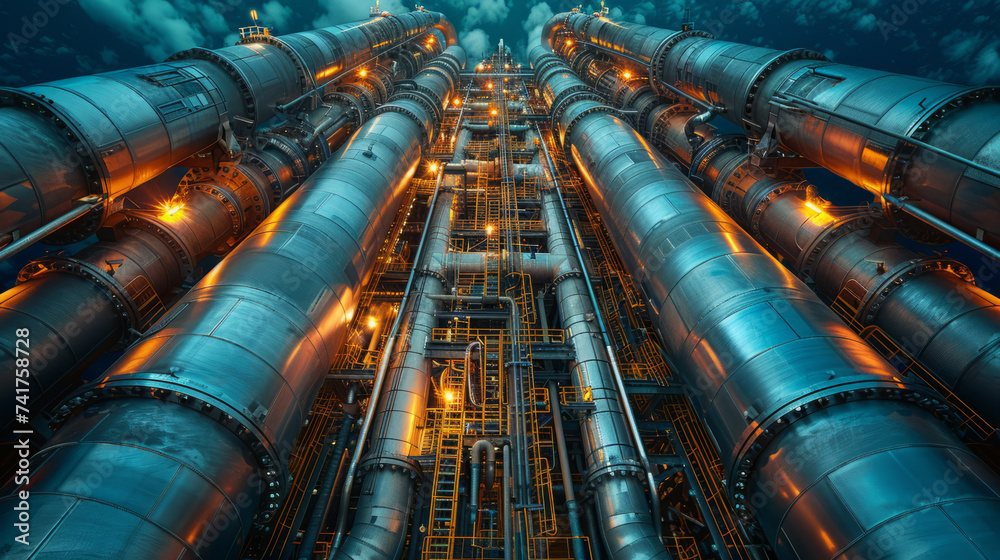Pipework and exhaust stack at offshore oil and gas central processing platform,generative ai Pipework and exhaust stack at offshore oil and gas central processing platform,generative ai