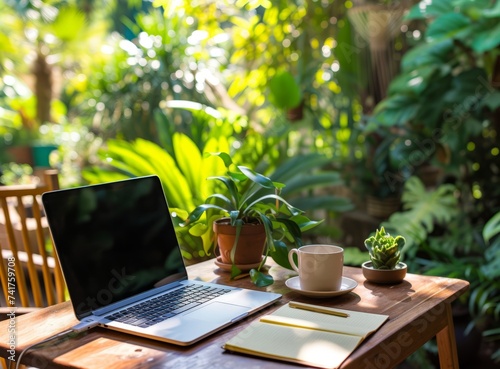 Laptop and coffee on a wooden table in a lush garden, symbolizing remote work or leisure. There is a notepad and pen on the table for notes.