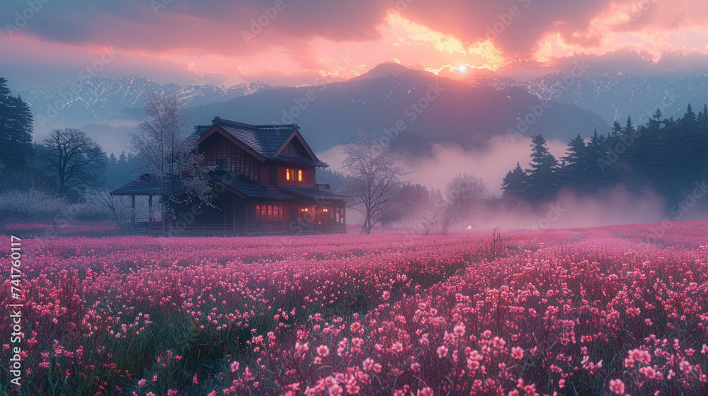 large cherry blossoms and wildflowers leading to a dojo in Japan ...