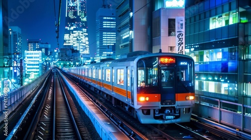 A night scene featuring the Tokyo automated guide-way train