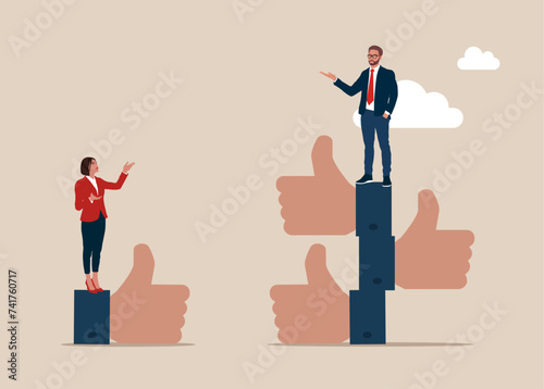 Argument between colleagues or rivalry fighting. Businessman standing on much more difference thumbs up, woman on one difference thumb up. Gender gap. Flat vector illustration
