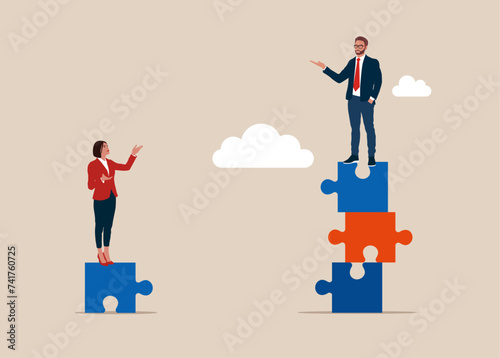 Argument between colleagues or rivalry fighting. Businessman standing on much more puzzle elements, woman on one puzzle elements. Gender gap. Flat vector illustration