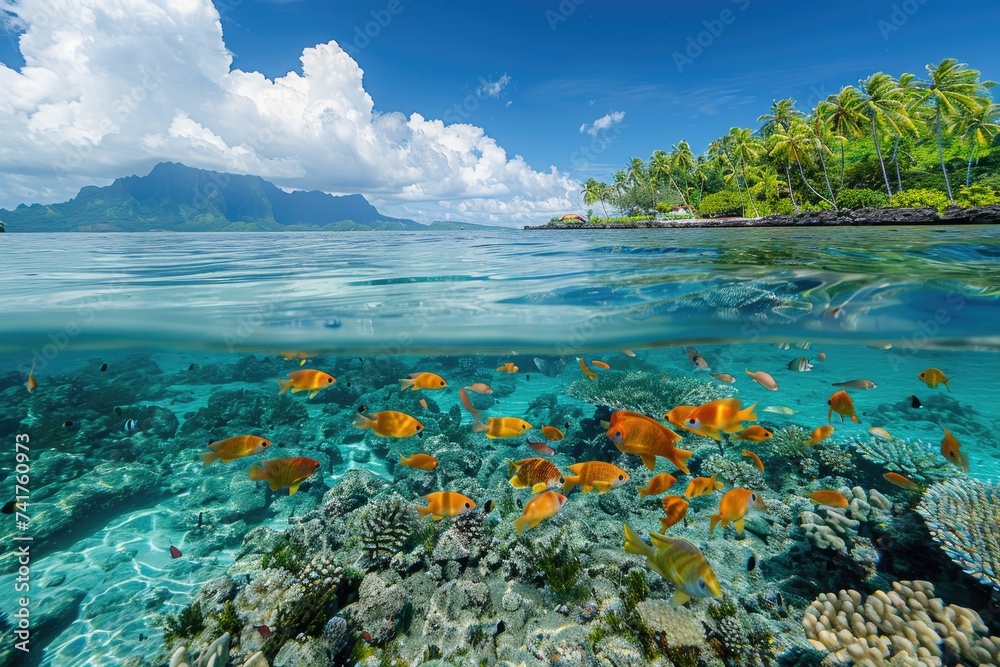 Fish on a coral reef in a tropical lagoon. French Polynesia