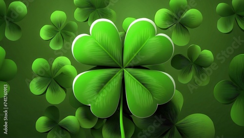 Closeup of four-leaf shamrock flowers on a green background. Artful representation of luck in nature