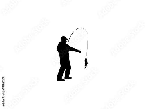Winter fishing silhouette. Winter fishing rod with bait and fish. Winter fishing silhouette isolated white background.