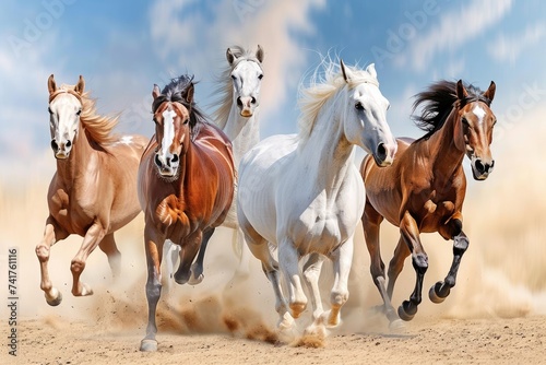 Group of horses running gallop in the desert.