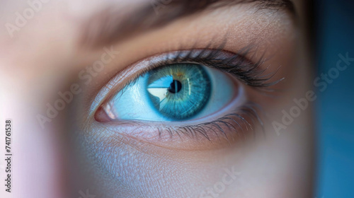 female blue eye, eyelashes, texture on the iris and pupil, vision correction, close-up