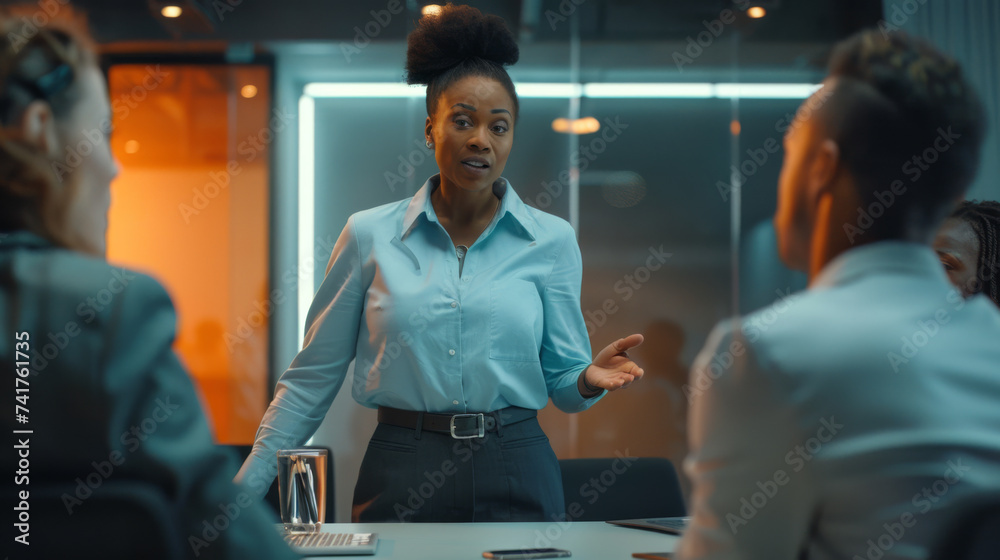 Professionals engage in a discussion during a meeting in a modern office environment. Professionals engage in a discussion during a meeting in a modern office environment.
