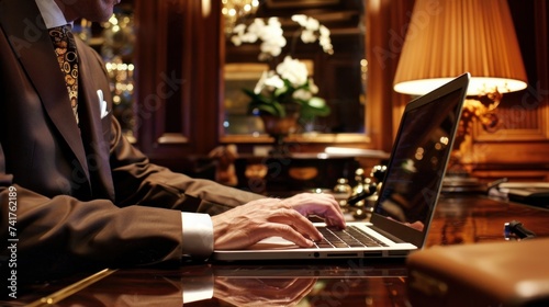 A close-up image of a businessman's hands working on a laptop