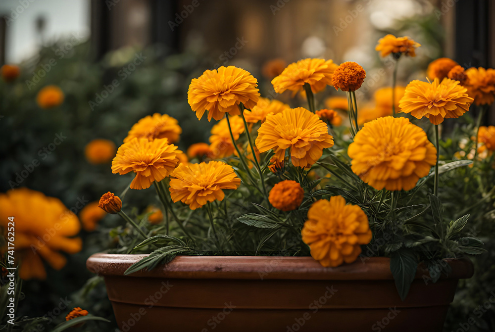 Beautiful Yellow Pot marigold Flower against Green Leaves generative AI image.
