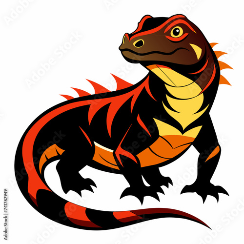 A bold vector illustration of a lizard with striking red and orange patterns, poised and ready for action. © earthstudiotomo