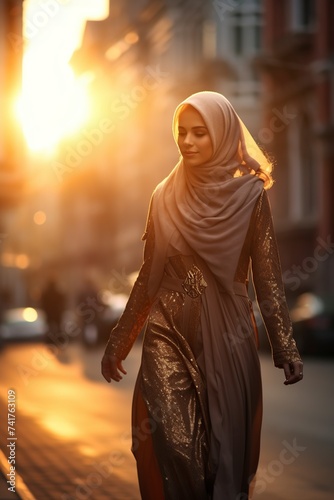 islamic woman walking down the street enjoying the sunset