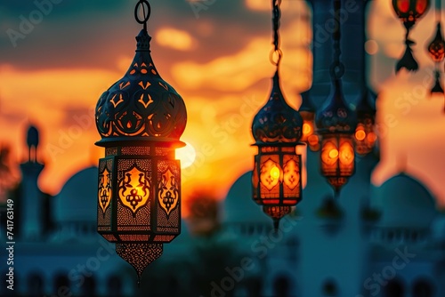 Lanterns hung around a mosque at sunset during Ramadan