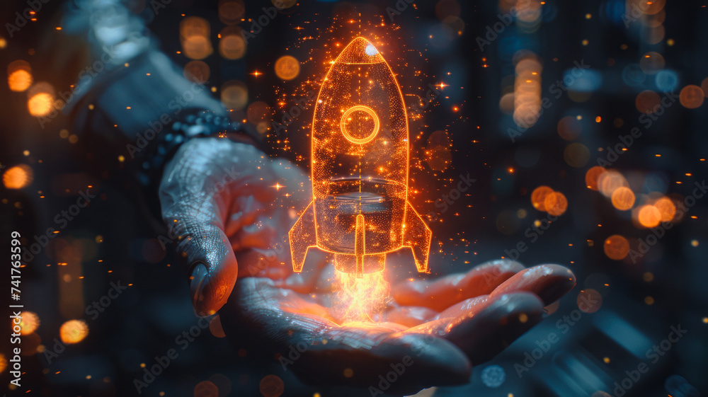 An entrepreneur with a virtual screen of rocket icon and an upward arrow in an open palm symbolizes swift business movement. This concept represents strategic planning and business success.