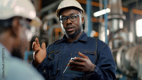 men in industrial work attire  including hard hats and reflective vests  engaged in a discussion with one man gesturing while holding a clipboard in a manufacturing plant environment.