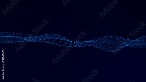 Flowing blue dots particles wave pattern halftone gradient curve shape isolated on blue background.