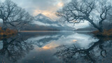 Strange dark twisted trees surrounding a lake , wide angle waiting for dramatic breathtaking sunrise,generative ai