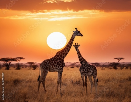 Giraffe in the African savanna against the backdrop of beautiful sunset