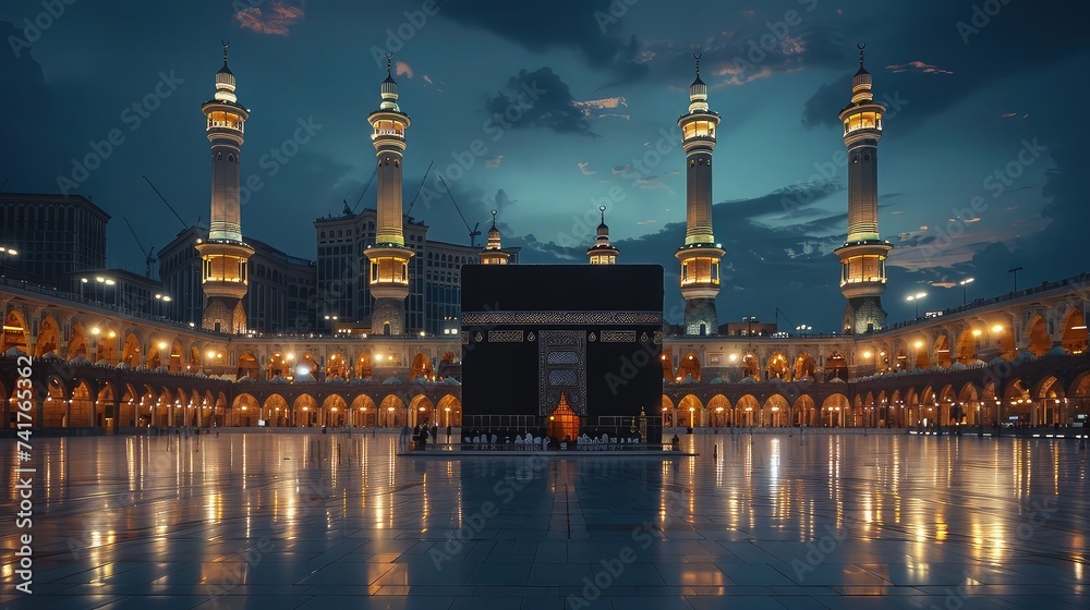 Night View Of The Kaaba Shining Under The Soft Light Of The Tower Stock 