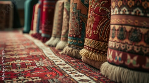 Several prayer rugs arranged in a row, preparing for Salat al-Eid © SaroStock