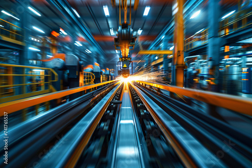 Dynamic industrial corridor with motion blur and lights