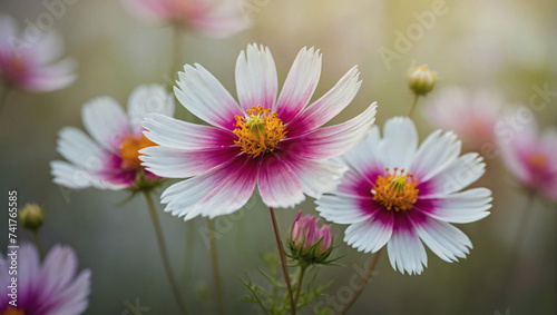 Cosmos flowers with soft detailed texture Natural abstract delicate shapes and fluid lines Highlighted petal edges against blurred background