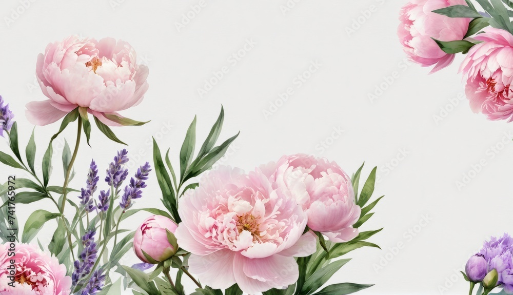watercolor peony flowers on white background