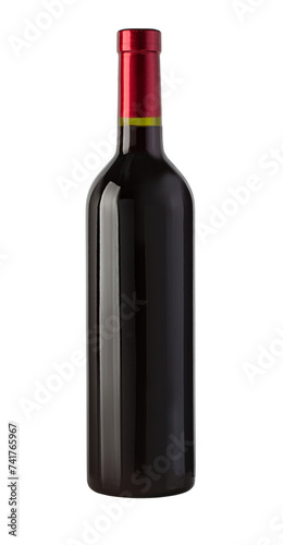 green wine bottle with red wine and red cap