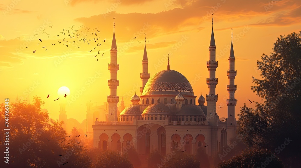 The graceful architecture of a mosque bathed in the golden light of sunset.