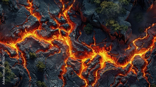 Aerial View of Fiery Molten Lava Flowing Across Volcanic Terrain