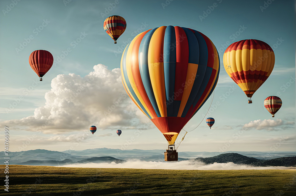 Colorful hot air balloons flying over mountain generative AI image.
