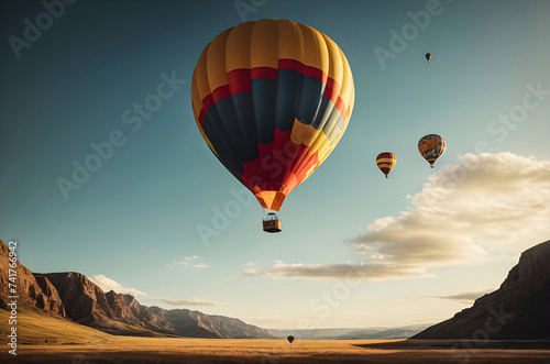 Colorful hot air balloons flying over mountain generative AI image. 