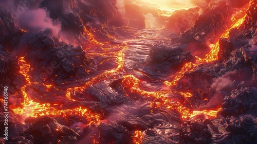 Captivating Aerial View of Molten Lava Flowing Across Volcanic Terrain