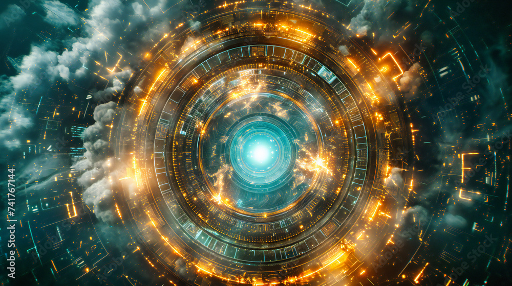 Obraz premium An abstract vision of science and space, where glowing elements and patterns explore the boundaries of knowledge and imagination